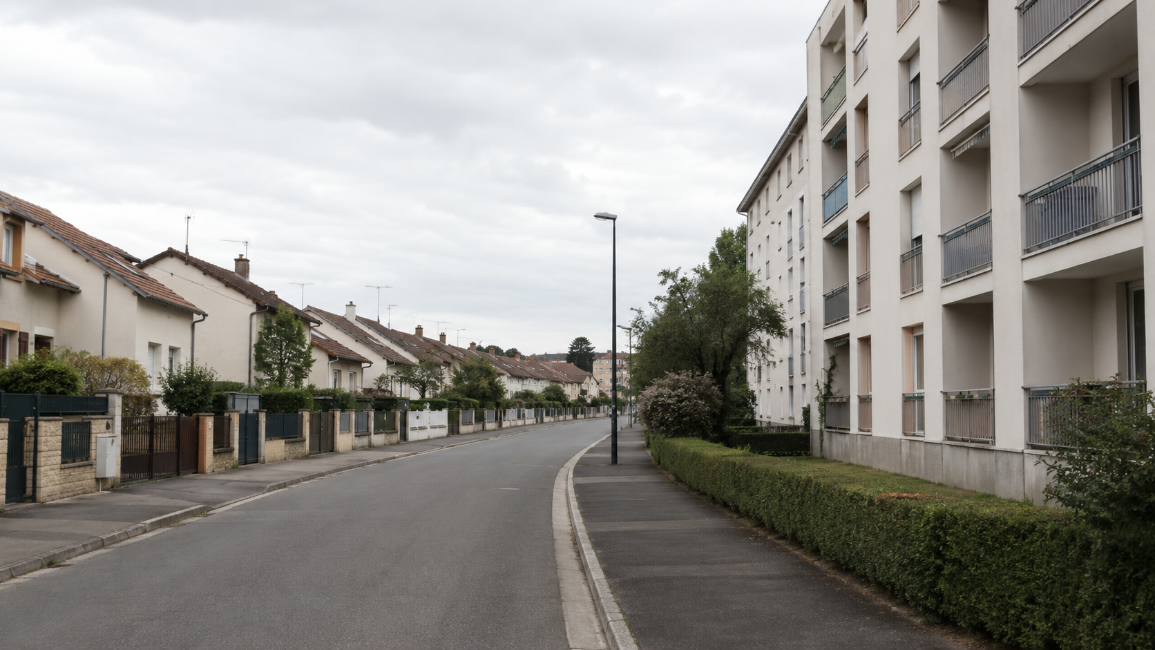 Deux rues résidentielles françaises côte à côte, pavillons d'un côté, immeubles de l'autre, sans passants