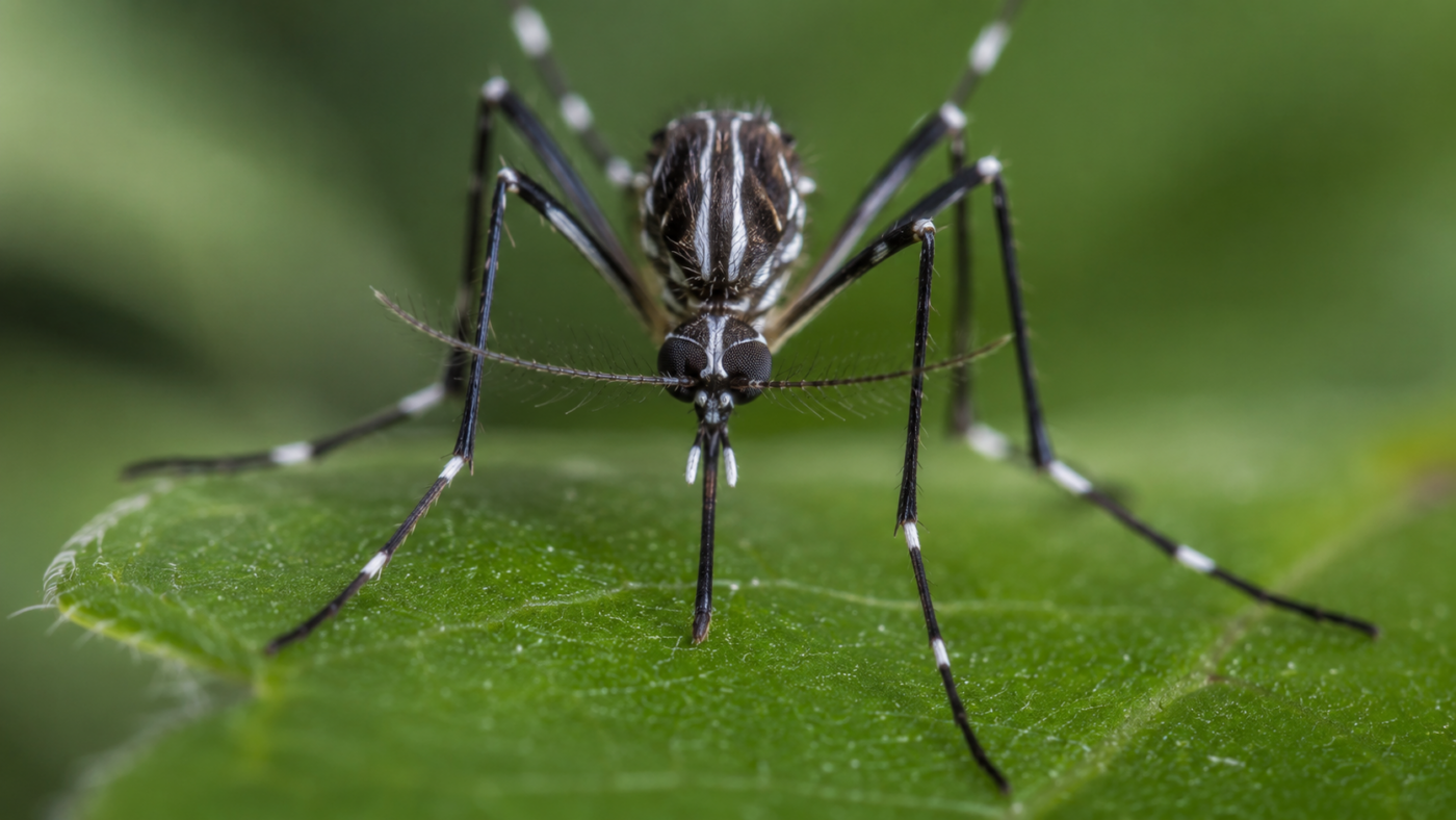 Macro d'un moustique tigre aux pattes rayees noir et blanc pose sur une feuille verte de jardin
