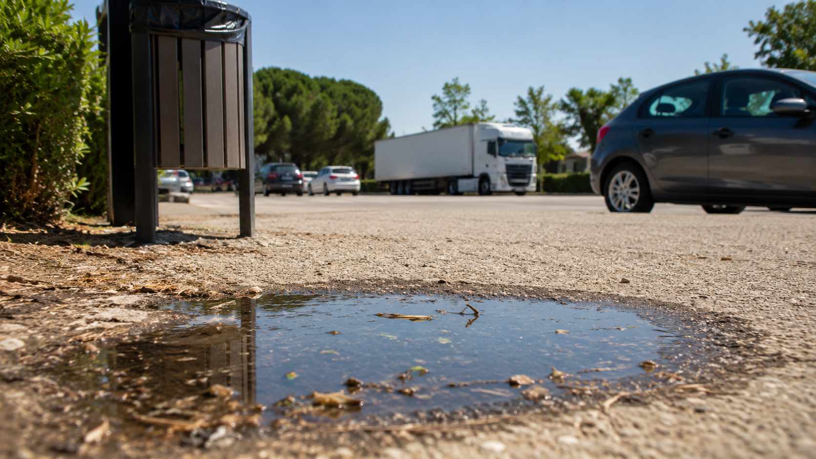 Aire d'autoroute ensoleillee avec voitures stationnees et une petite flaque d'eau stagnante