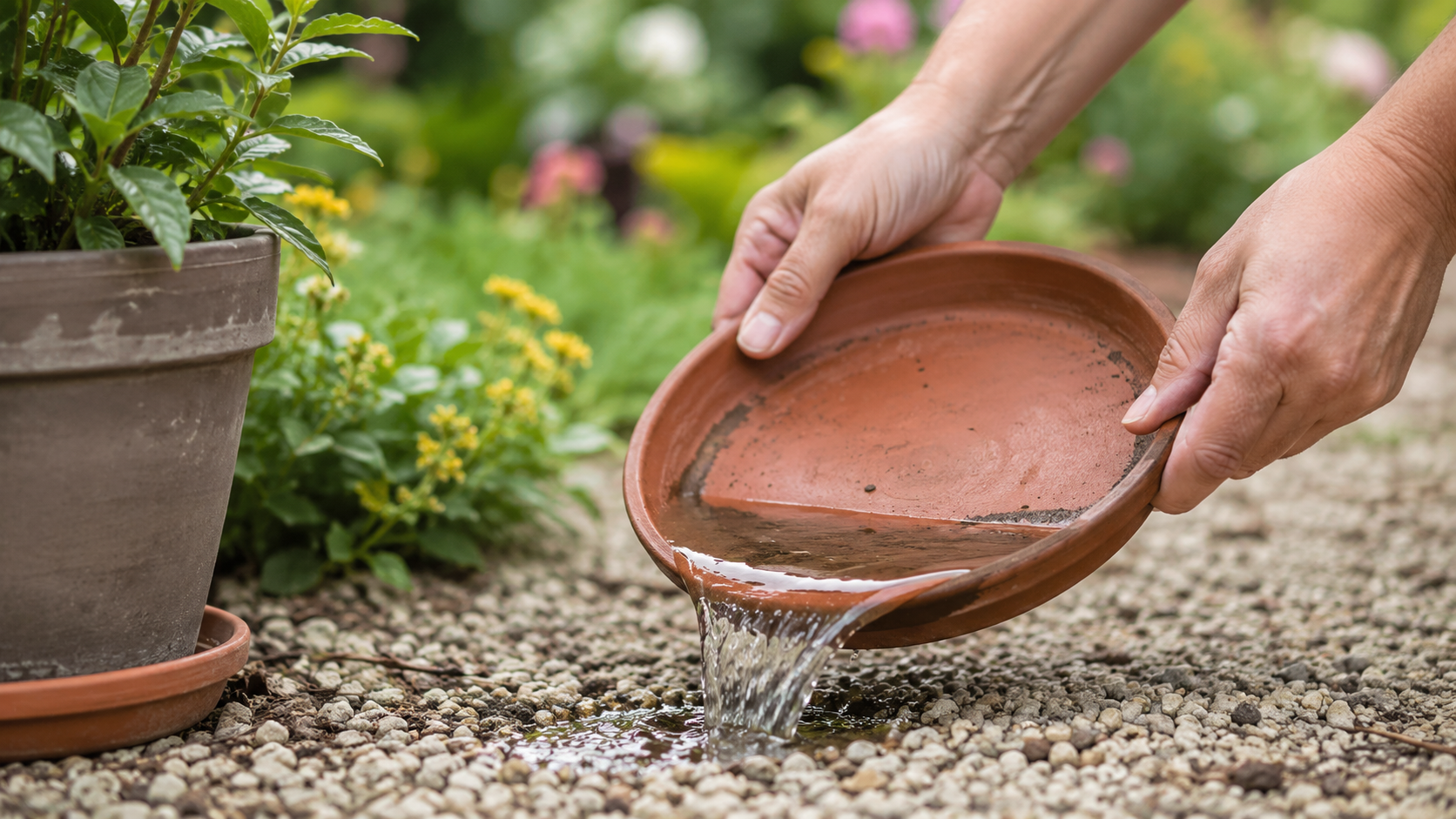 Deux mains vident l'eau stagnante d'une soucoupe de pot de fleurs dans un jardin