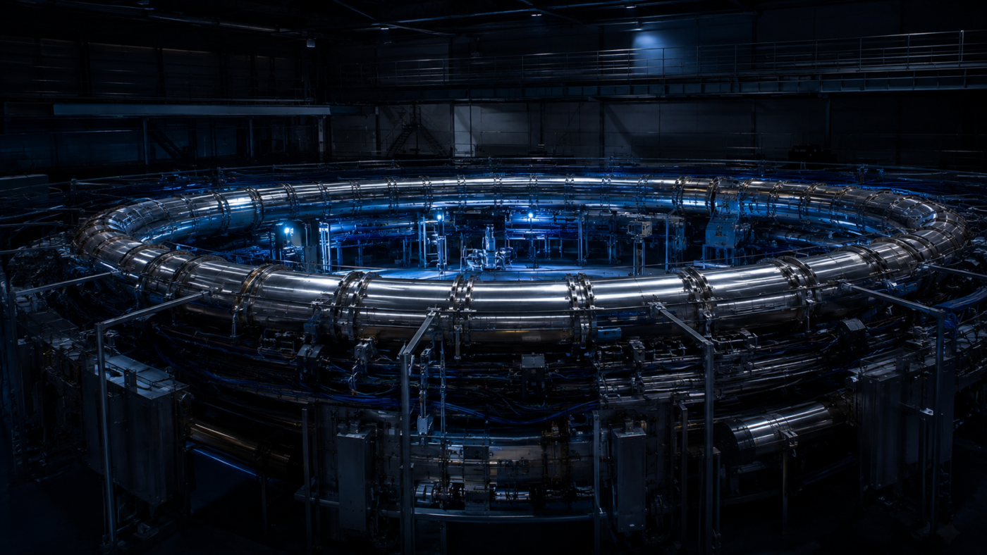 Grand anneau électromagnétique circulaire baigné d'une lueur bleue dans une halle sombre, évocation abstraite d'un anneau de stockage de particules