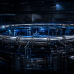 Grand anneau électromagnétique circulaire baigné d'une lueur bleue dans une halle sombre, évocation abstraite d'un anneau de stockage de particules