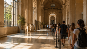 Le grand hall d'entrée d'un musée parisien classique en été, visiteurs vus de dos et de loin