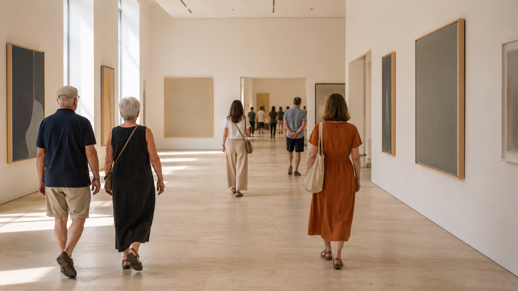 Des visiteurs vus de dos traversant une galerie de musée lumineuse aux murs sobres, en été