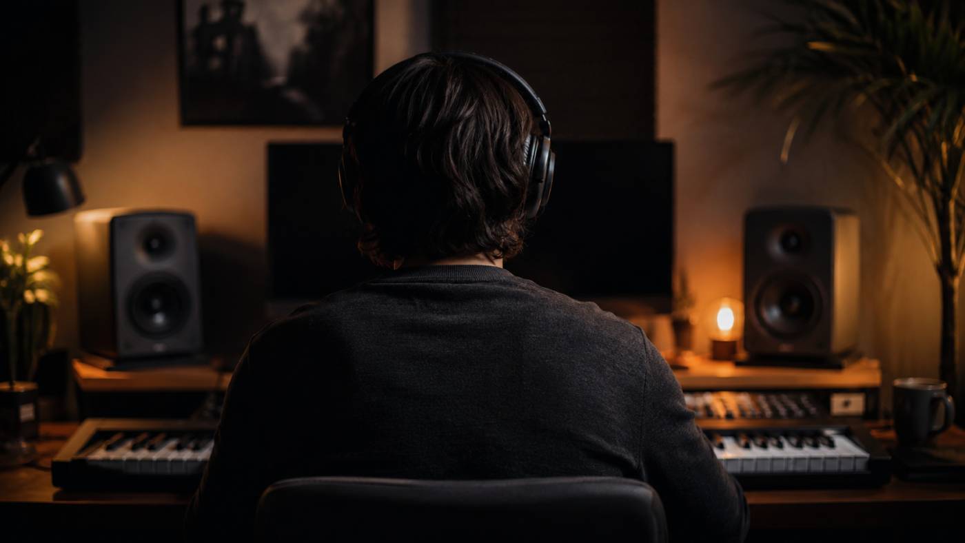 Un compositeur vu de dos dans un petit studio de nuit, casque sur les oreilles devant un clavier maître