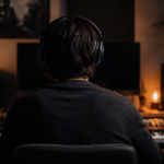 Un compositeur vu de dos dans un petit studio de nuit, casque sur les oreilles devant un clavier maître