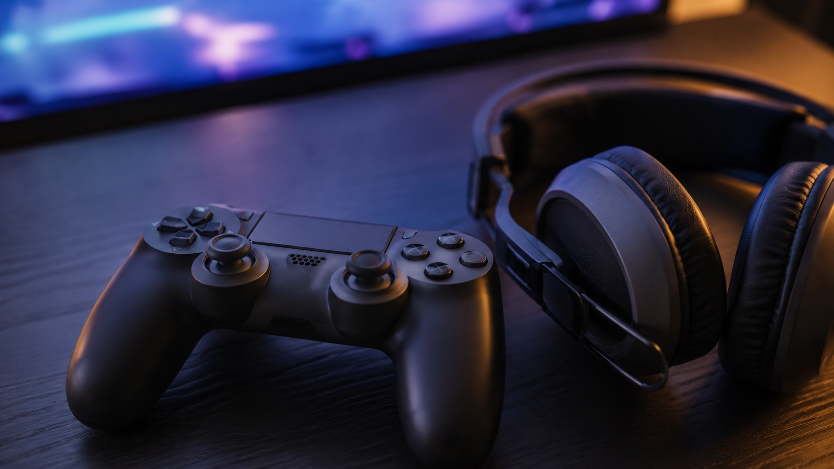 Une manette de jeu posée sur un bureau à côté d'un casque audio ouvert