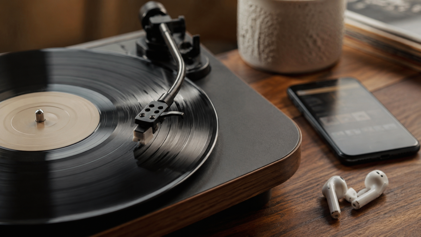 Un vinyle sur une platine à côté d'écouteurs sans fil et d'un smartphone sur une table en bois