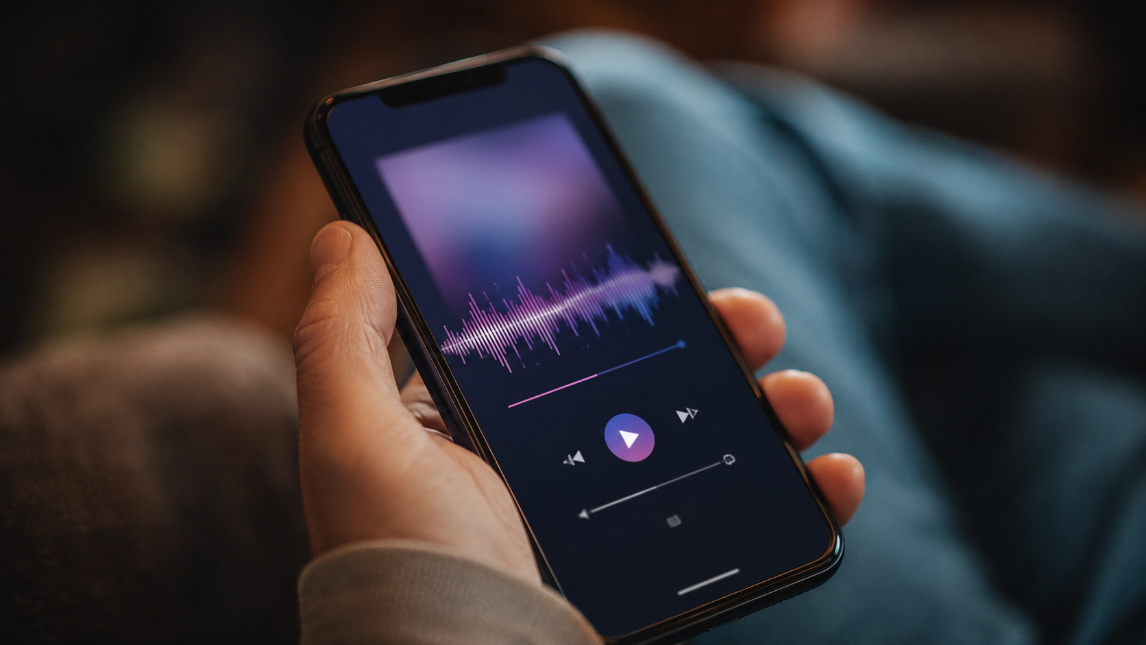 Gros plan d'un écran de smartphone affichant une interface de lecteur de musique générique tenue dans une main