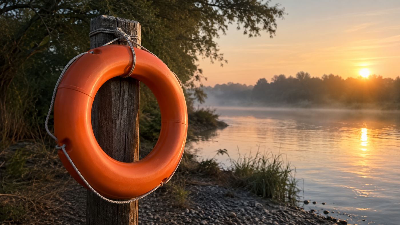 Bouée de sauvetage orange accrochée à un poteau de bois au bord d'une rivière calme, à l'aube