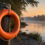 Bouée de sauvetage orange accrochée à un poteau de bois au bord d'une rivière calme, à l'aube
