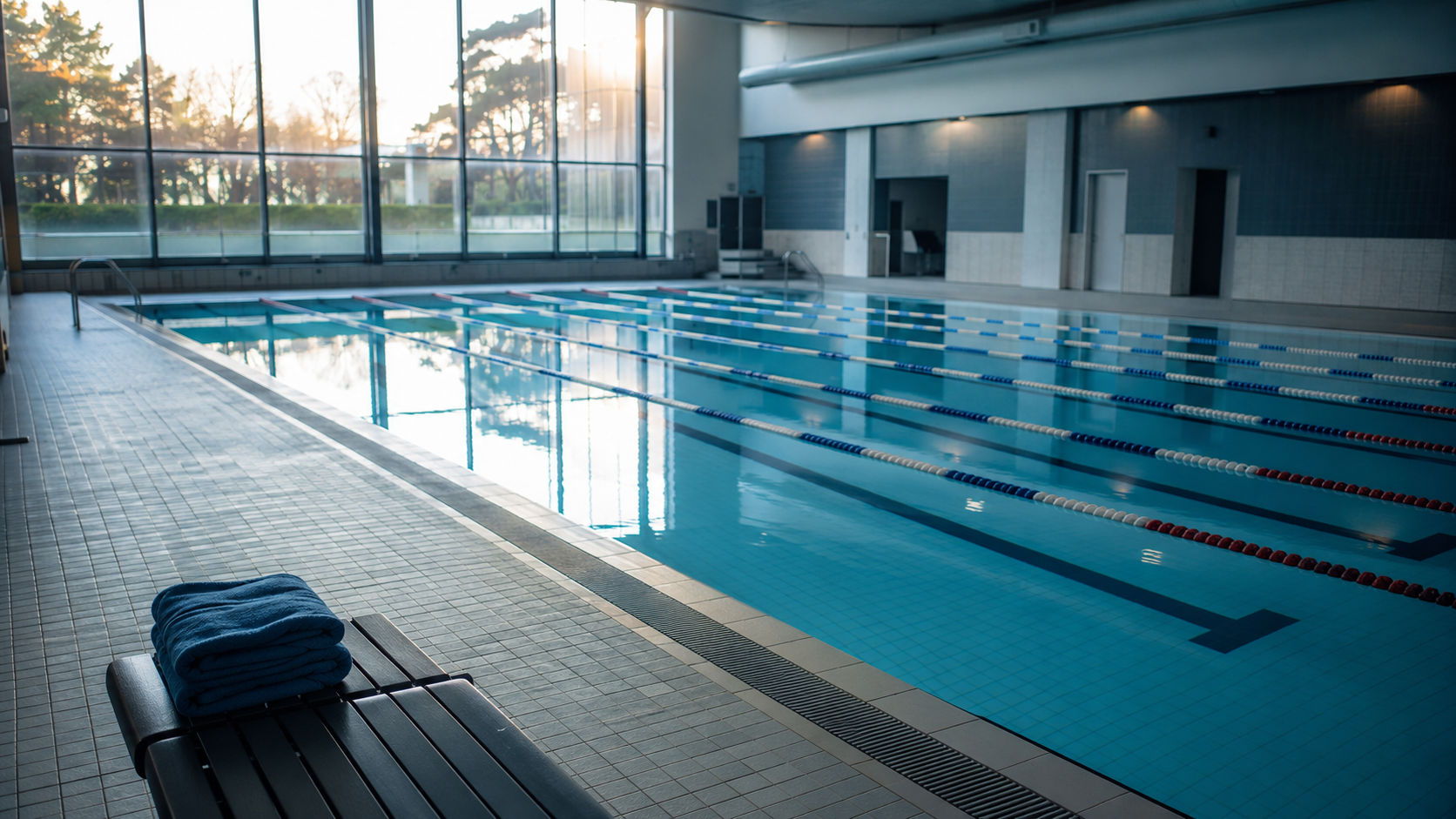 Bassin de piscine municipale vide au petit matin, lignes d'eau tendues et serviette pliée sur un banc