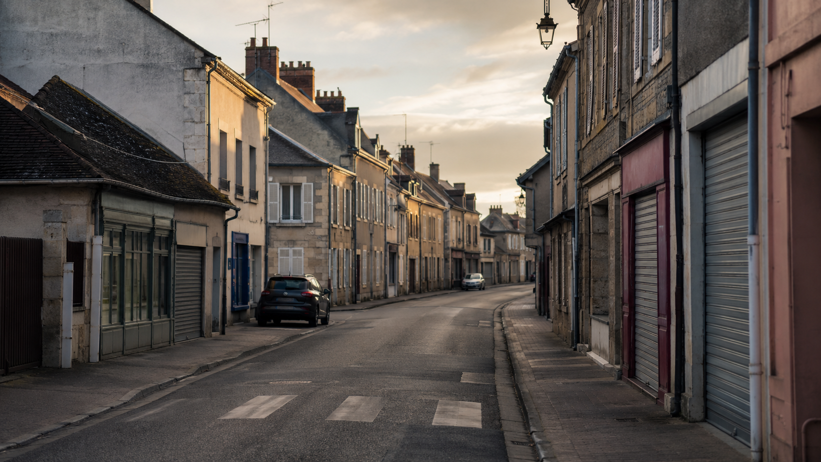 Rue principale déserte d'une petite ville française un matin de semaine, volets fermés et trottoirs vides.