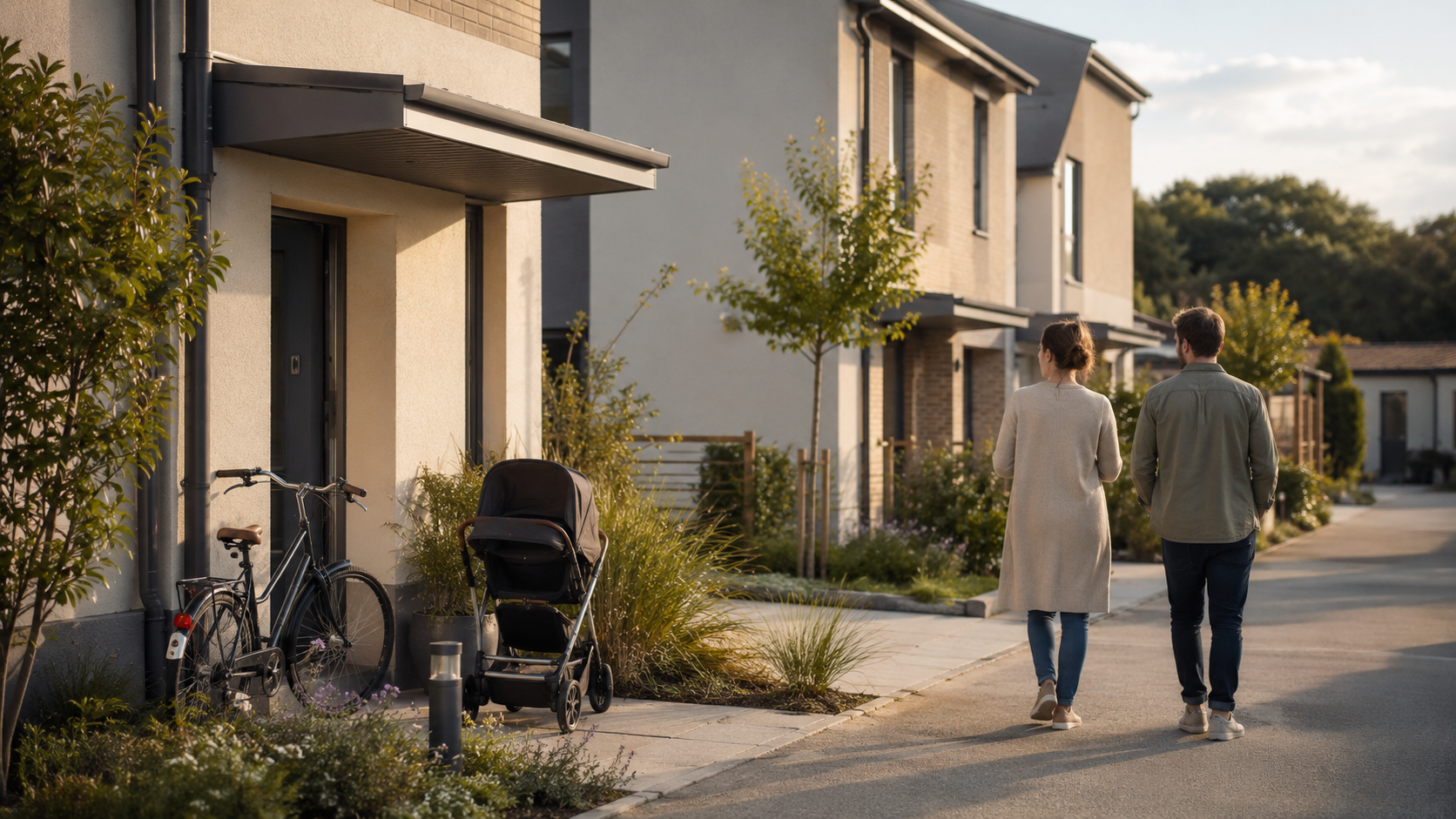 Lotissement récent en périphérie de ville, maisons mitoyennes avec jardins, vélo et poussette devant une allée, deux adultes vus de dos.