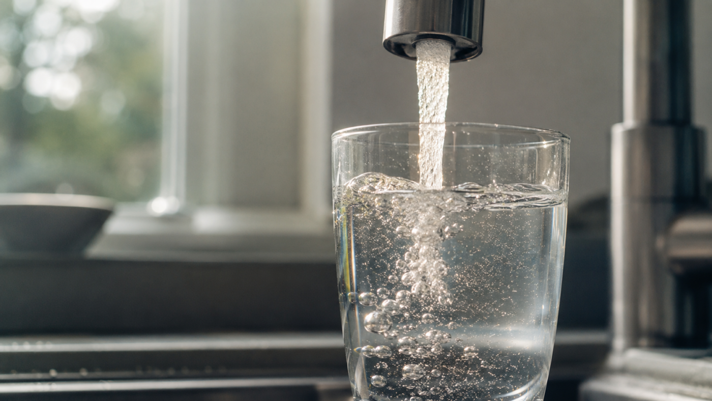 Un verre d'eau du robinet rempli à l'évier, en contre-jour, avec de fines particules en suspension