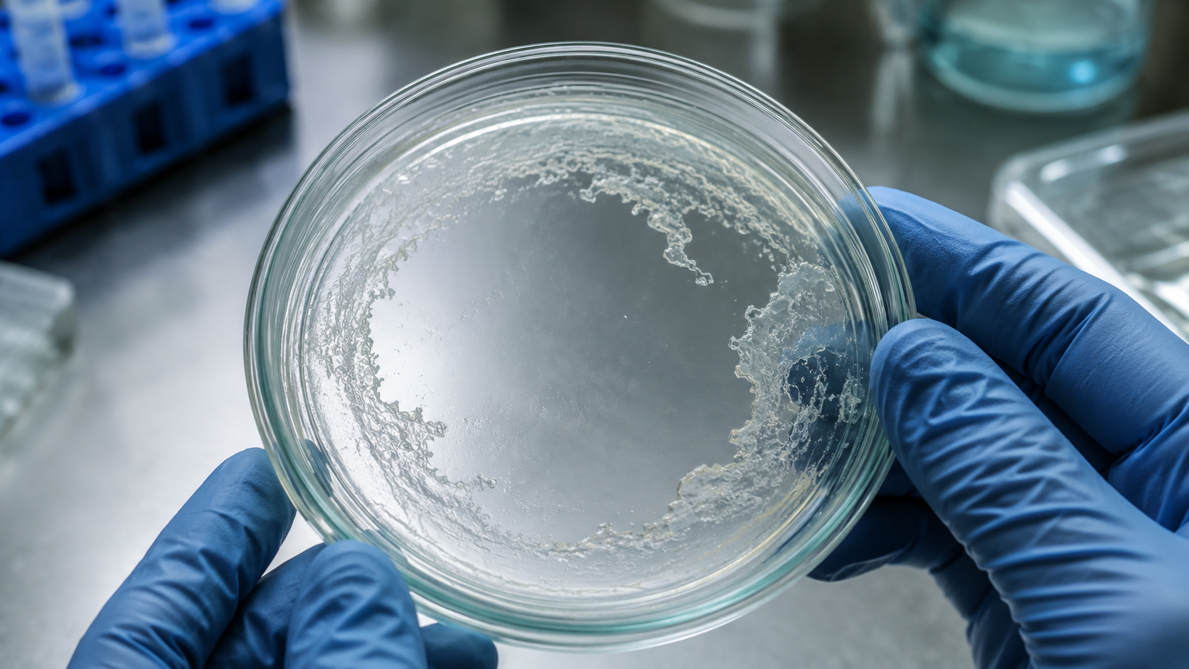 Des mains gantées tenant une boîte de Petri avec une fine pellicule bactérienne, sous lumière de laboratoire
