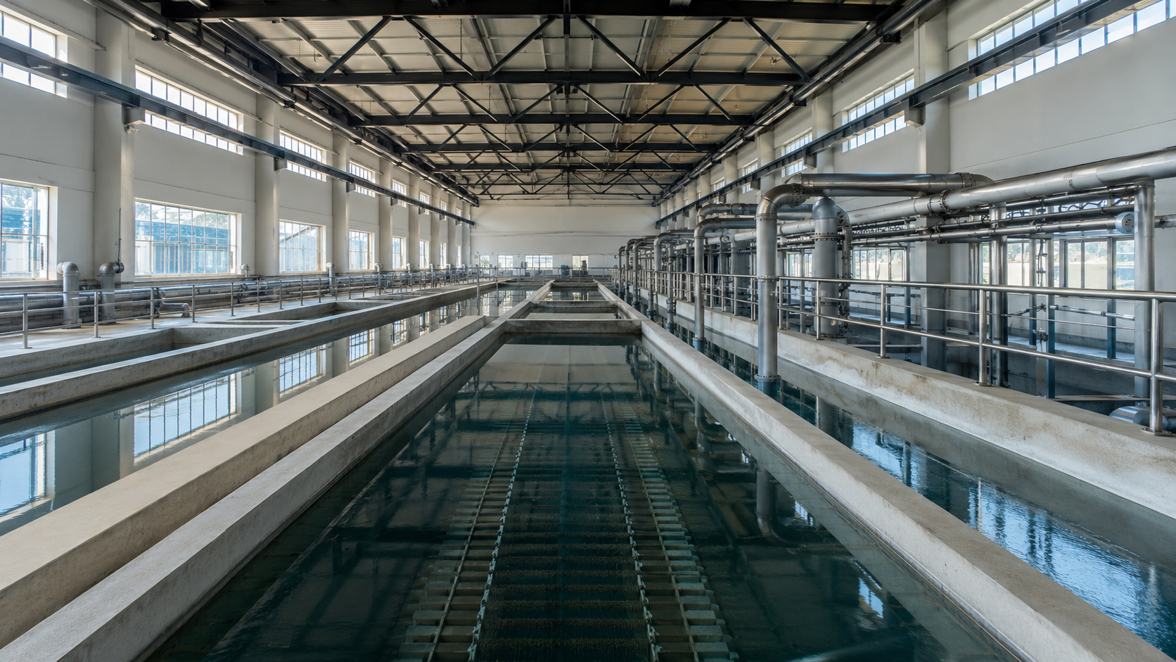 L'intérieur d'une usine de traitement de l'eau, canalisations et bassins de filtration à l'eau claire