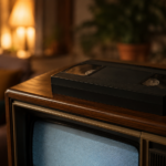 Une cassette VHS sans étiquette posée sur un vieux téléviseur cathodique à habillage bois dans un salon des années 1980