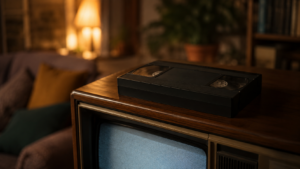 Une cassette VHS sans étiquette posée sur un vieux téléviseur cathodique à habillage bois dans un salon des années 1980