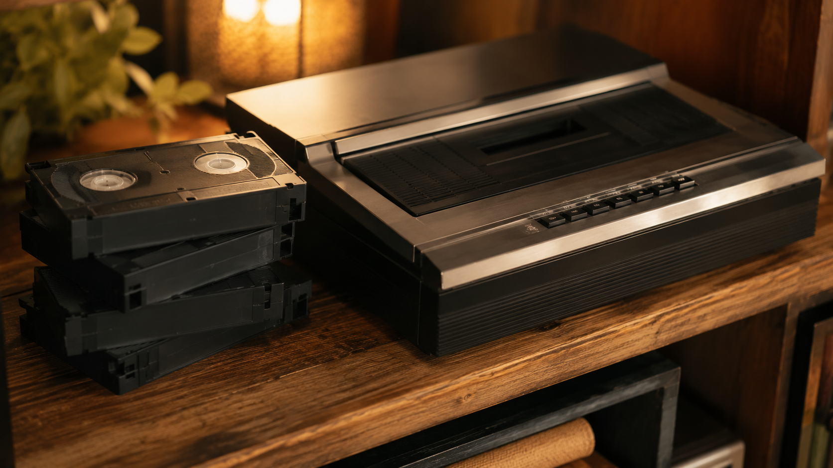 Une pile de cassettes VHS sans étiquette à côté d'un magnétoscope vintage sur une étagère en bois