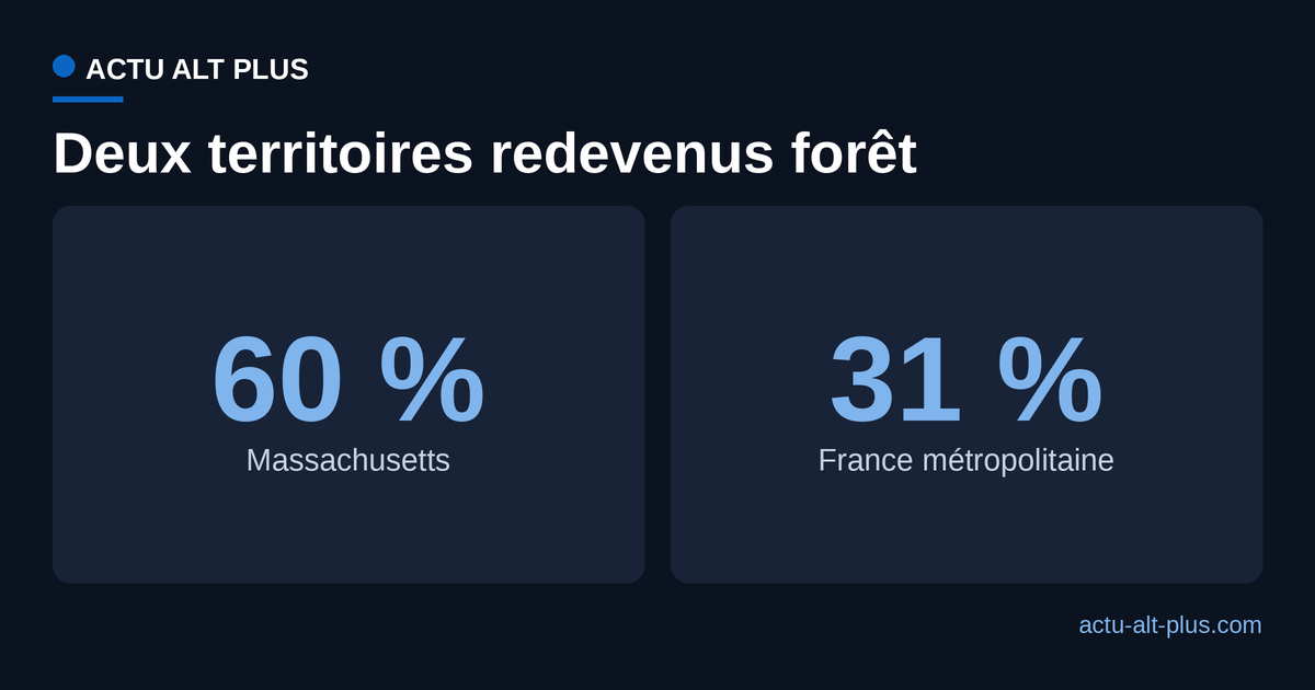 Part du territoire couverte par la forêt aujourd'hui : Massachusetts 60 %, France métropolitaine 31 %.
