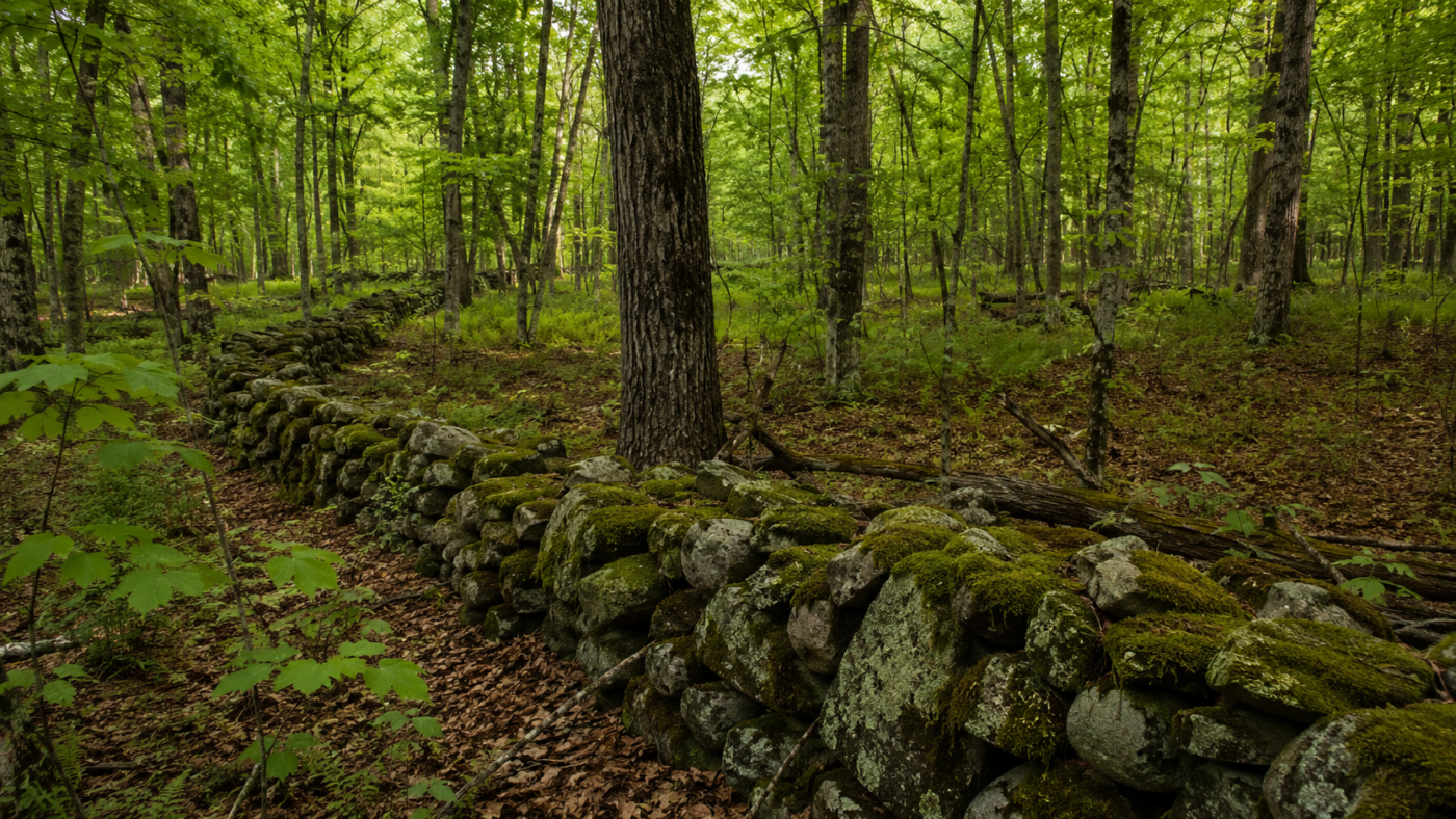 Foret feuillue avec un vieux muret de pierre couvert de mousse serpentant entre les arbres