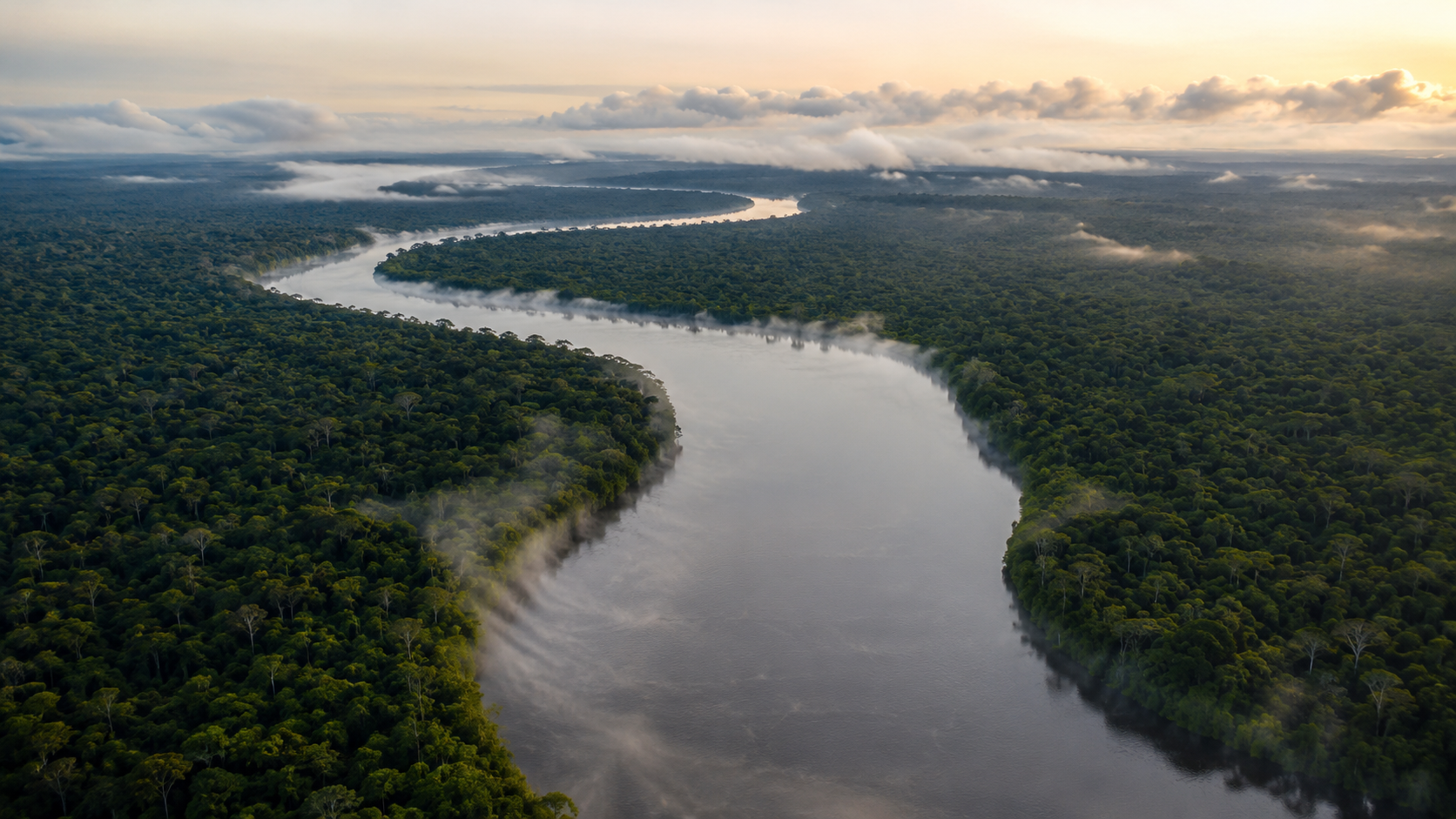 Vue aérienne d'une large rivière serpentant à travers une forêt tropicale intacte du bassin du Congo.