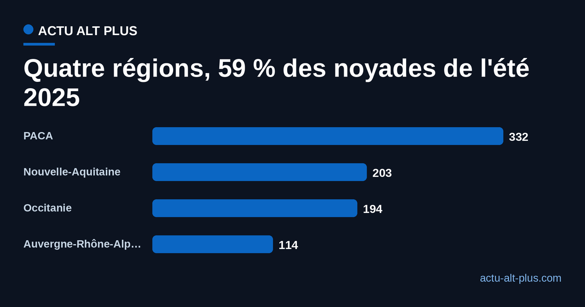 Classement des quatre régions les plus touchées par les noyades à l'été 2025 : PACA 332, Nouvelle-Aquitaine 203, Occitanie 194, Auvergne-Rhône-Alpes 114