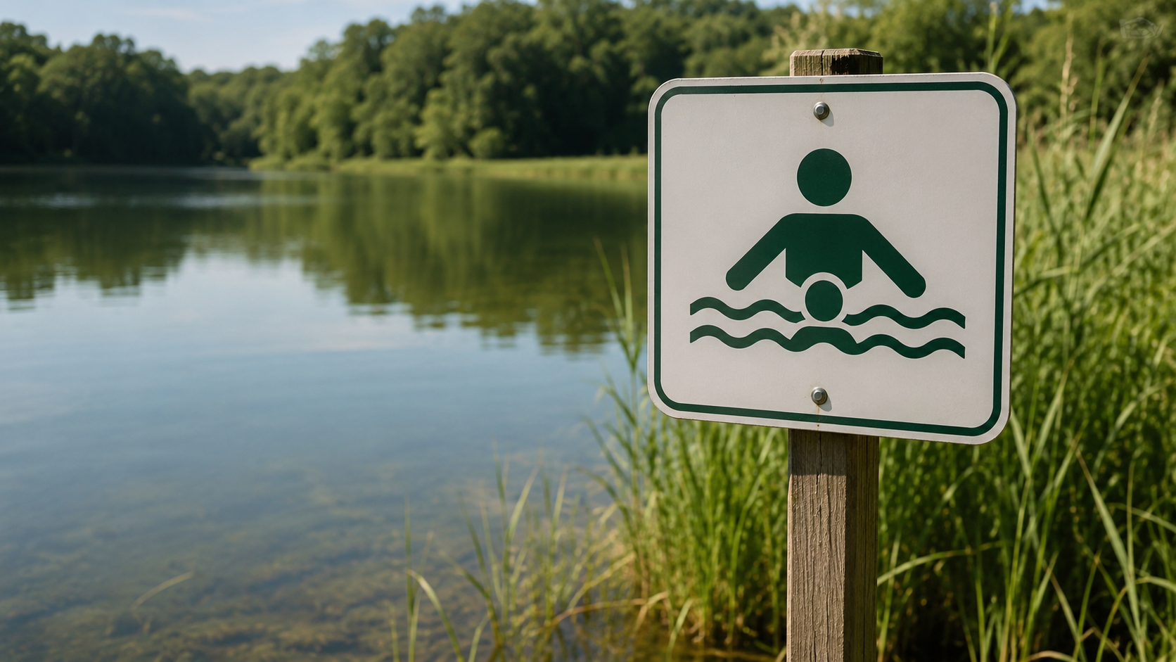 Un panneau générique de baignade surveillée au bord d'un plan d'eau calme