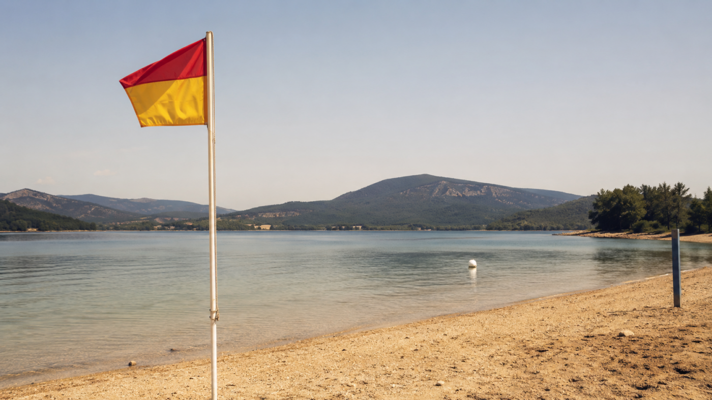 Un plan d'eau français sous une chaleur d'été, un drapeau de baignade au premier plan, aucun baigneur