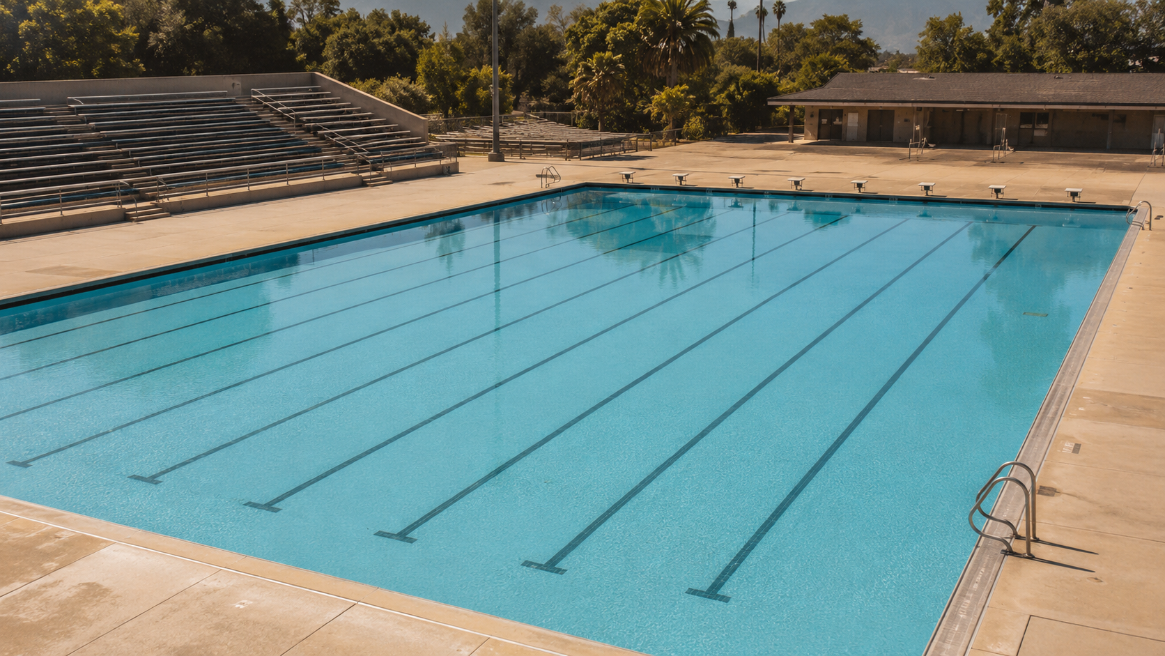 Une piscine publique déserte vue en plan large sous la lumière d'été