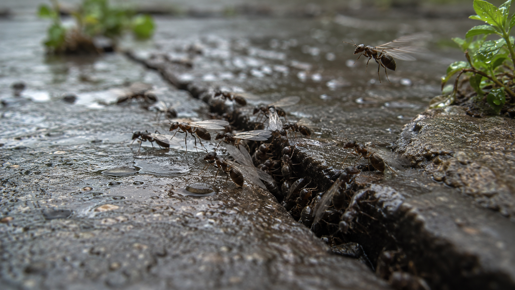 Des fourmis ailées sortant d'une fissure entre des dalles de terrasse humides après la pluie