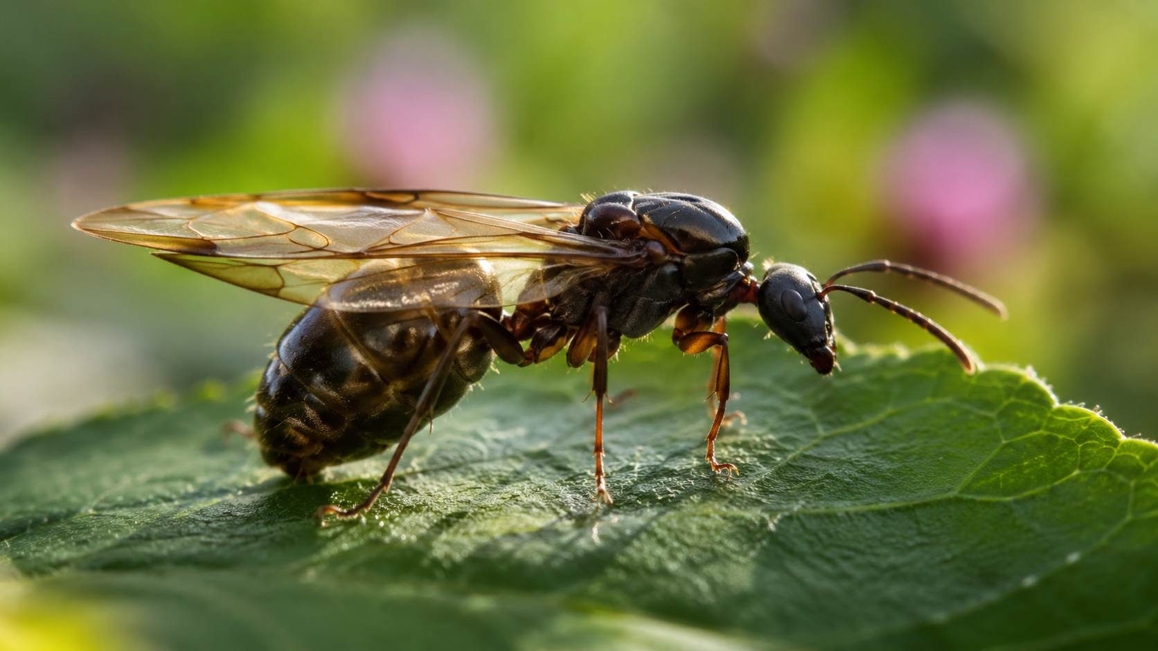 Une reine fourmi ailée en macro sur une feuille verte, ailes translucides dans la lumière