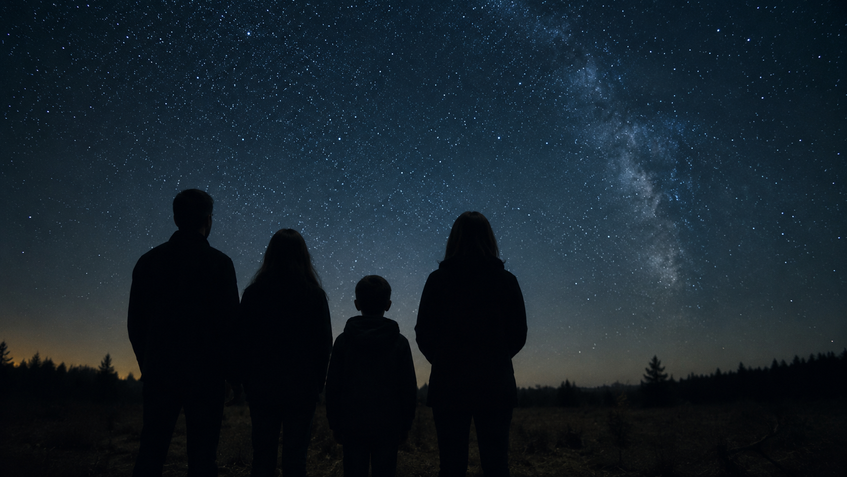 Des personnes vues de dos observant le ciel étoilé dans un champ sombre
