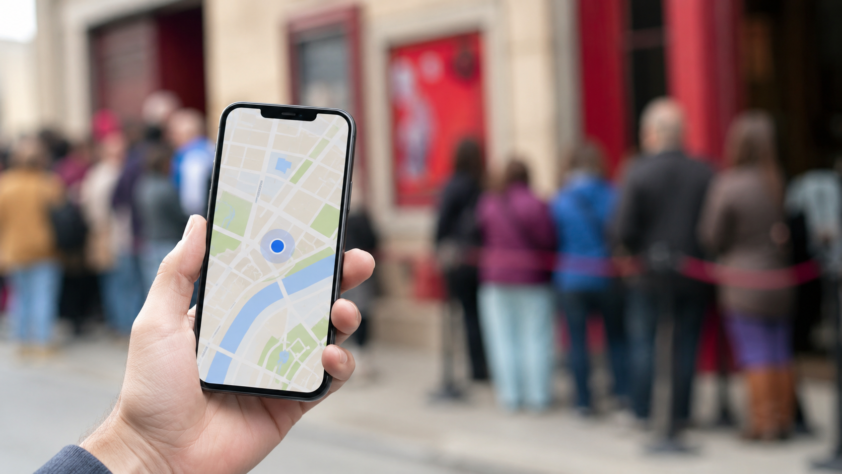 Une main tenant un smartphone affichant une carte d'abonnement numérique devant une file d'attente floue