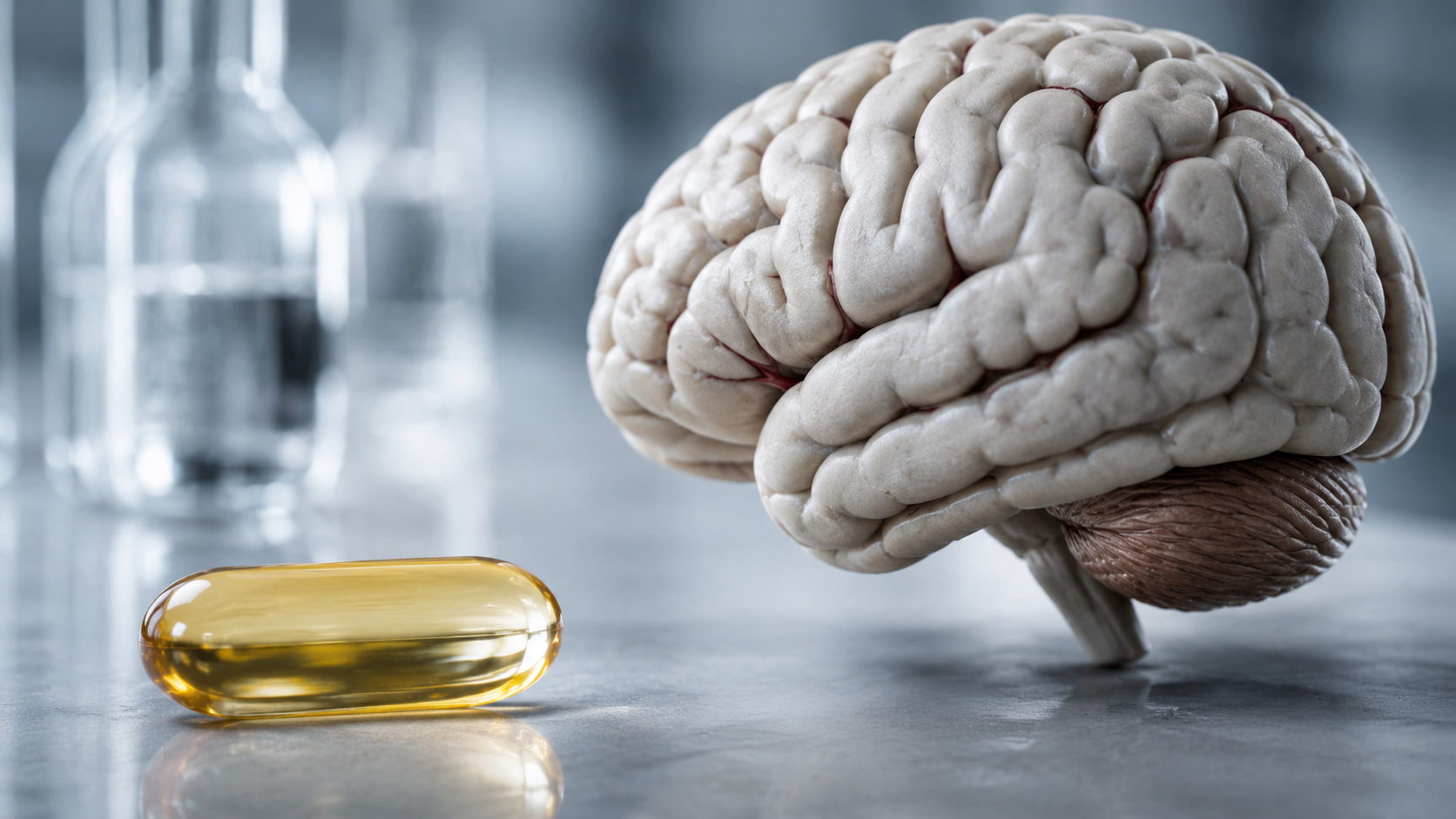 Capsule d'huile de poisson doree pres d'une representation sobre du cerveau humain