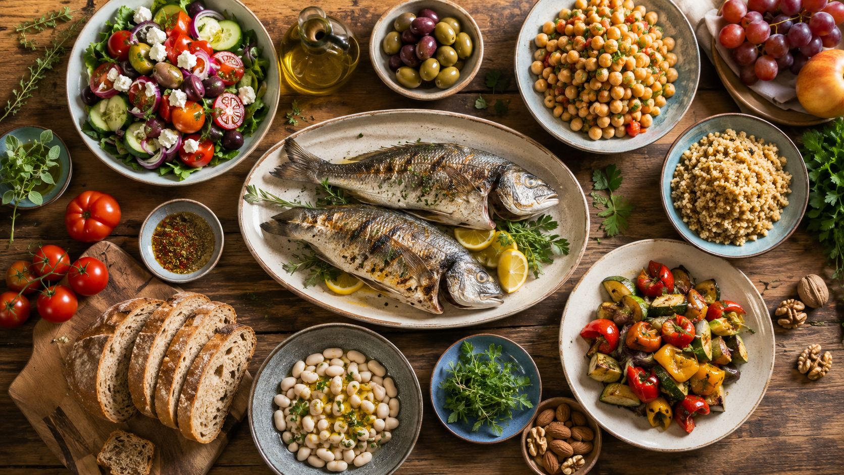 Repas mediterraneen vu de dessus : poisson gras, huile d'olive, noix et legumes verts