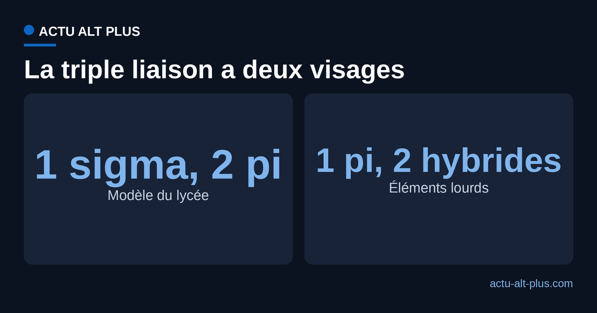 Comparaison de la triple liaison : le modèle du lycée, une sigma et deux pi, contre le modèle relativiste, une pi et deux hybrides.