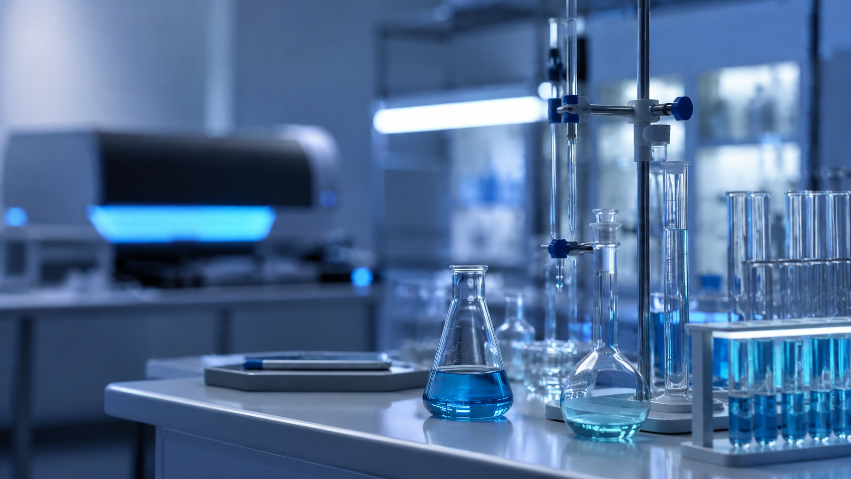 Paillasse de laboratoire de chimie propre sous une lumière froide, verrerie en arrière-plan