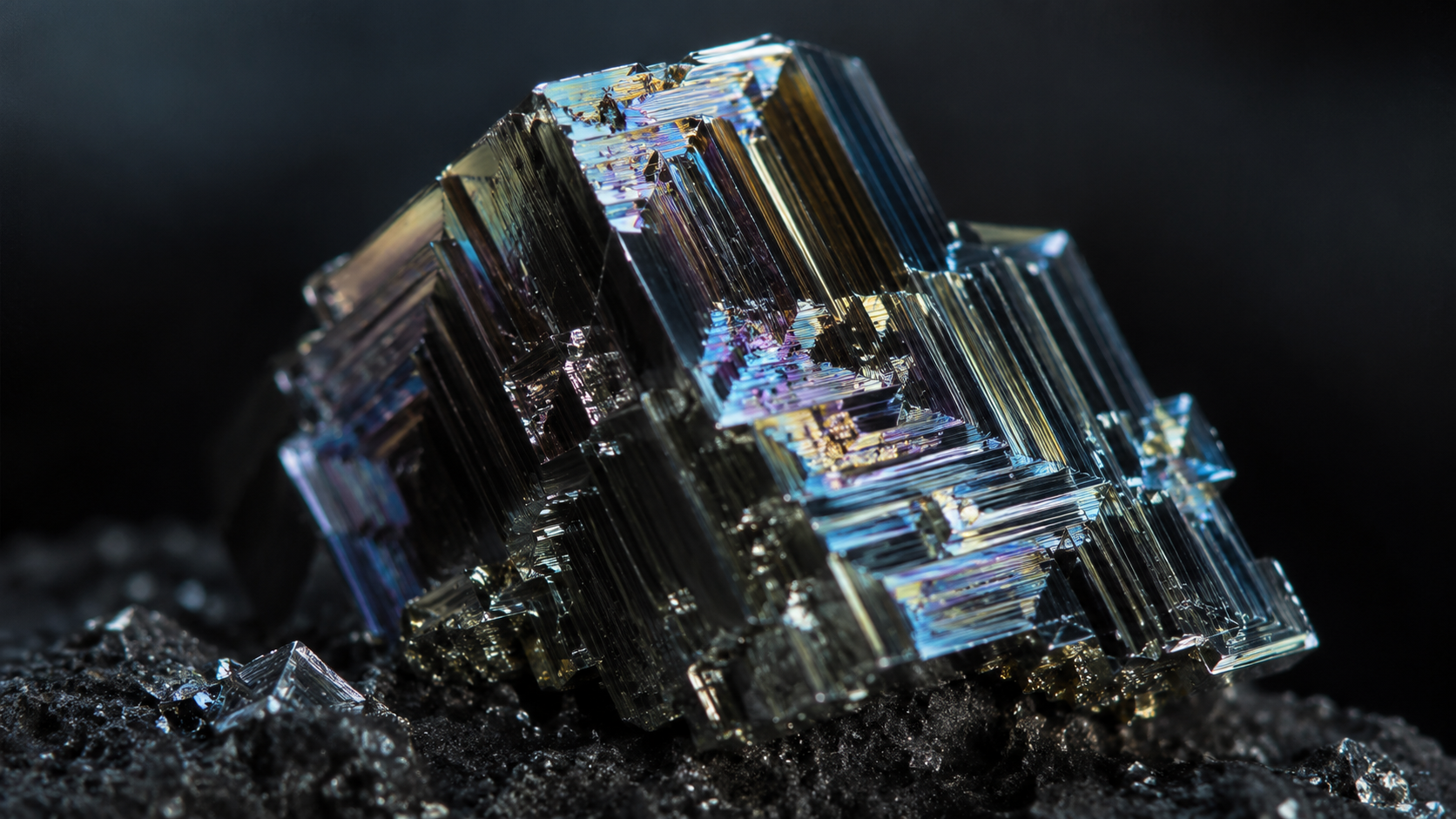 Gros plan macro d'un cristal métallique brillant aux facettes en escalier et reflets irisés