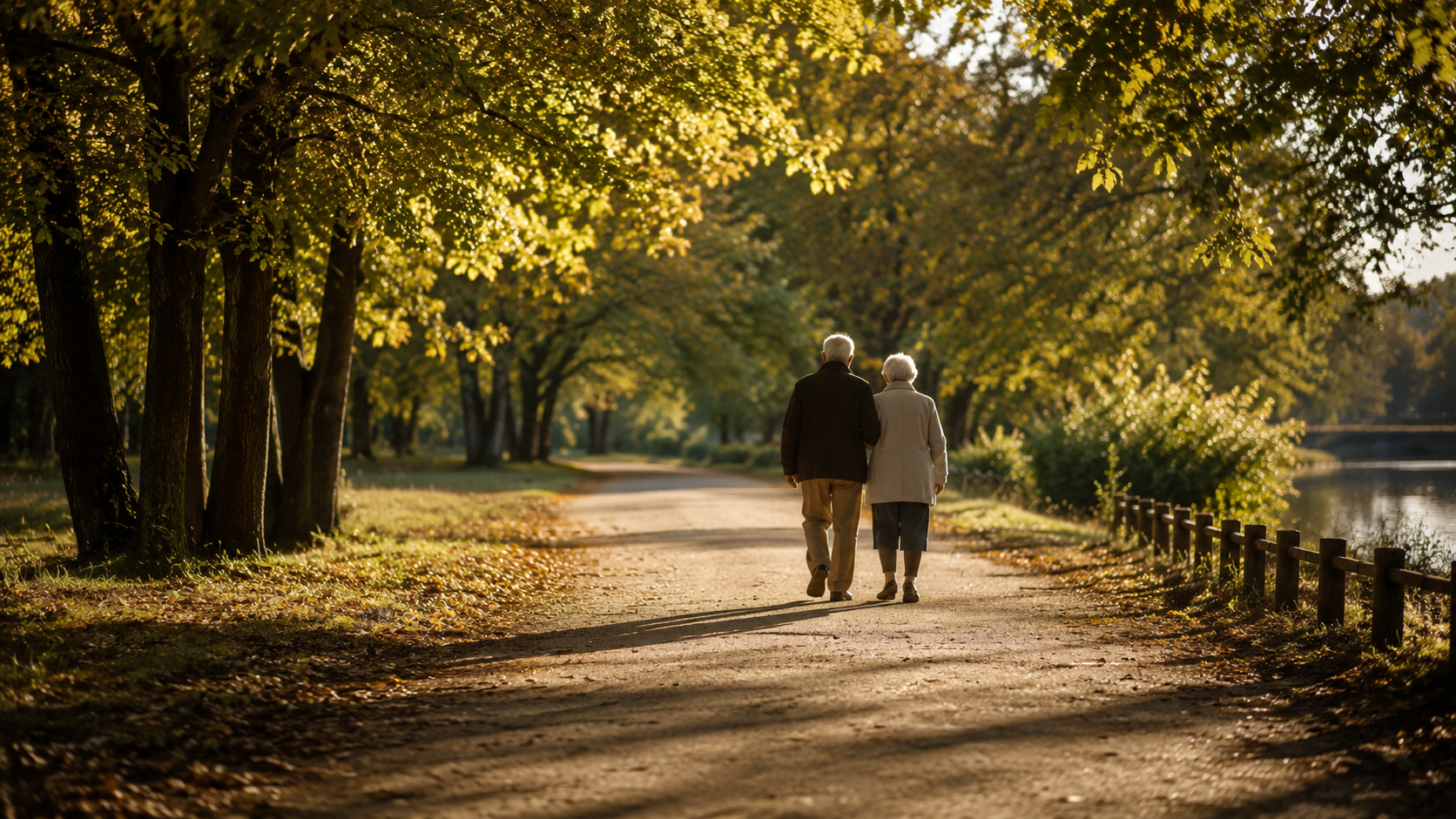 La silhouette lointaine d'un couple age marchant de dos sur une allee de parc a l'heure doree