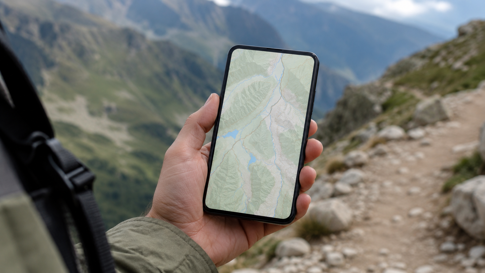 Un randonneur consulte une carte hors-ligne sur son smartphone sur un sentier