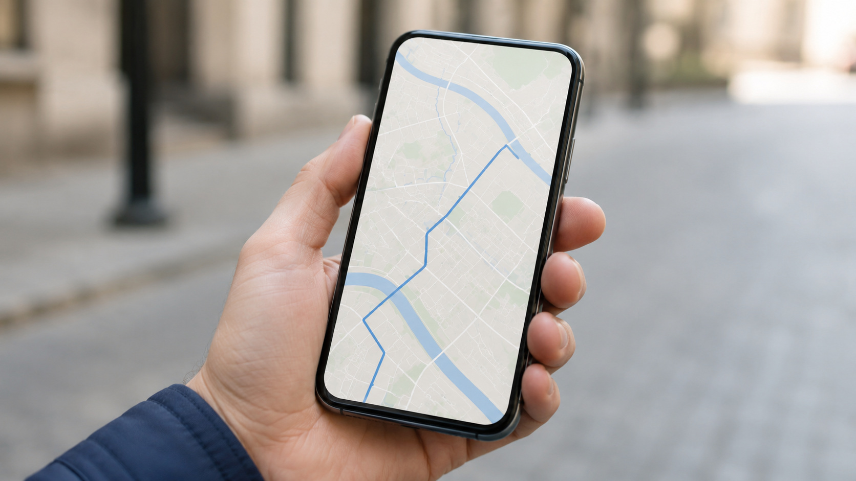Une main tient un smartphone avec une carte generique dans un cadre urbain