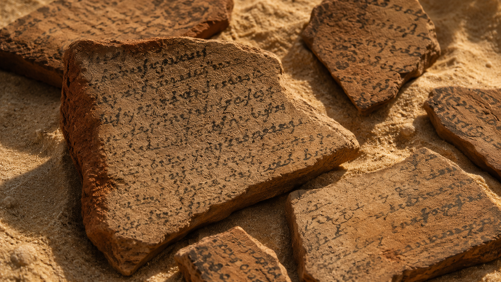 Fragments de poterie antique couverts d'une écriture ancienne à l'encre noire, posés sur le sable du désert