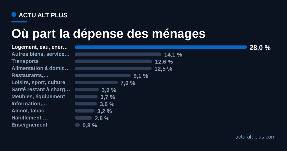 Parts des douze fonctions de dépense dans la dépense de consommation des ménages en 2025 : logement, eau, gaz et électricité 28,0 %, autres biens et services 14,1 %, transports 12,6 %, produits alimentaires et boissons non alcoolisées 12,5 %, restaurants et hébergement 9,1 %, loisirs, sport et culture 7,0 %, santé restant à charge 3,9 %, meubles et équipement du logement 3,7 %, information et communication 3,6 %, boissons alcoolisées et tabac 3,2 %, habillement et chaussures 2,8 %, enseignement 0,8 %.