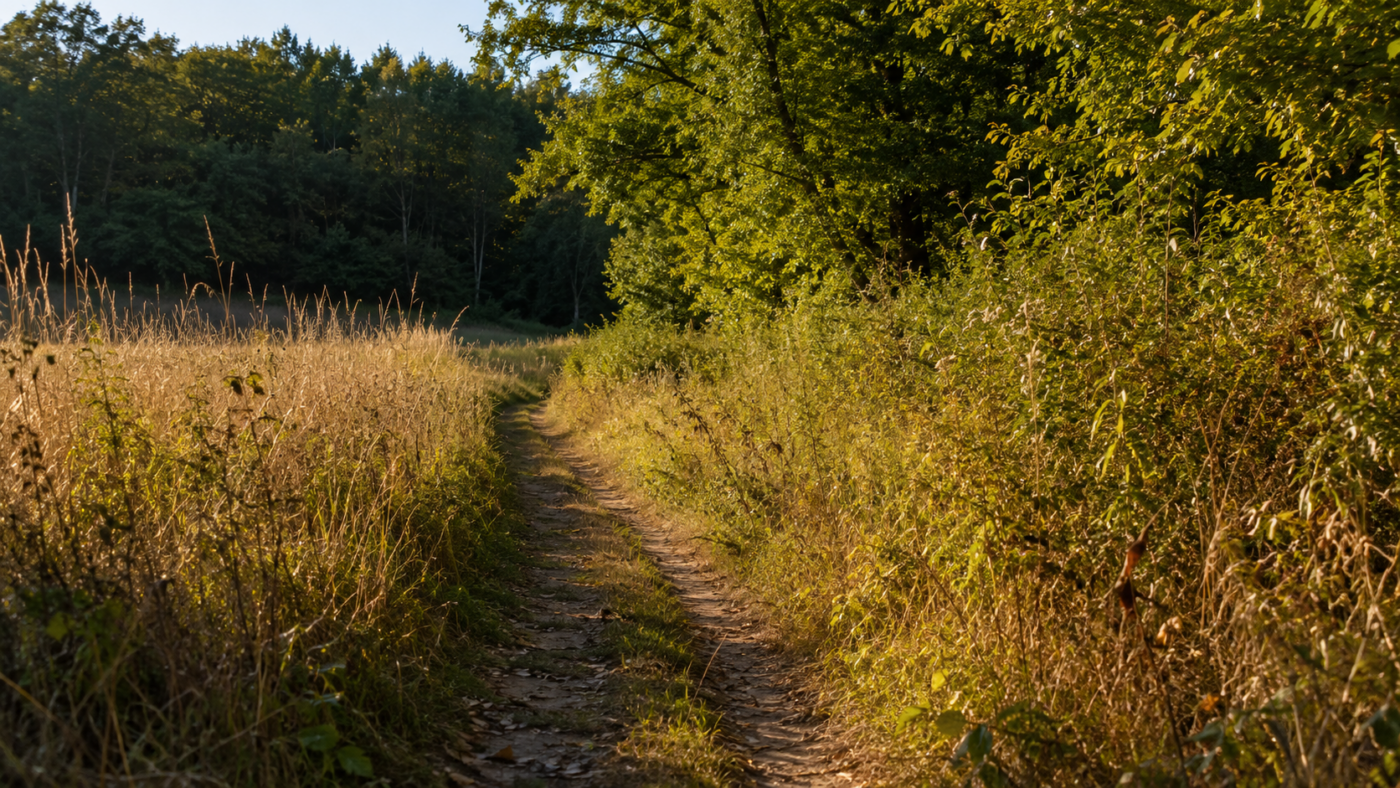 Un sentier ensoleillé traversant des herbes hautes en bordure de forêt en été