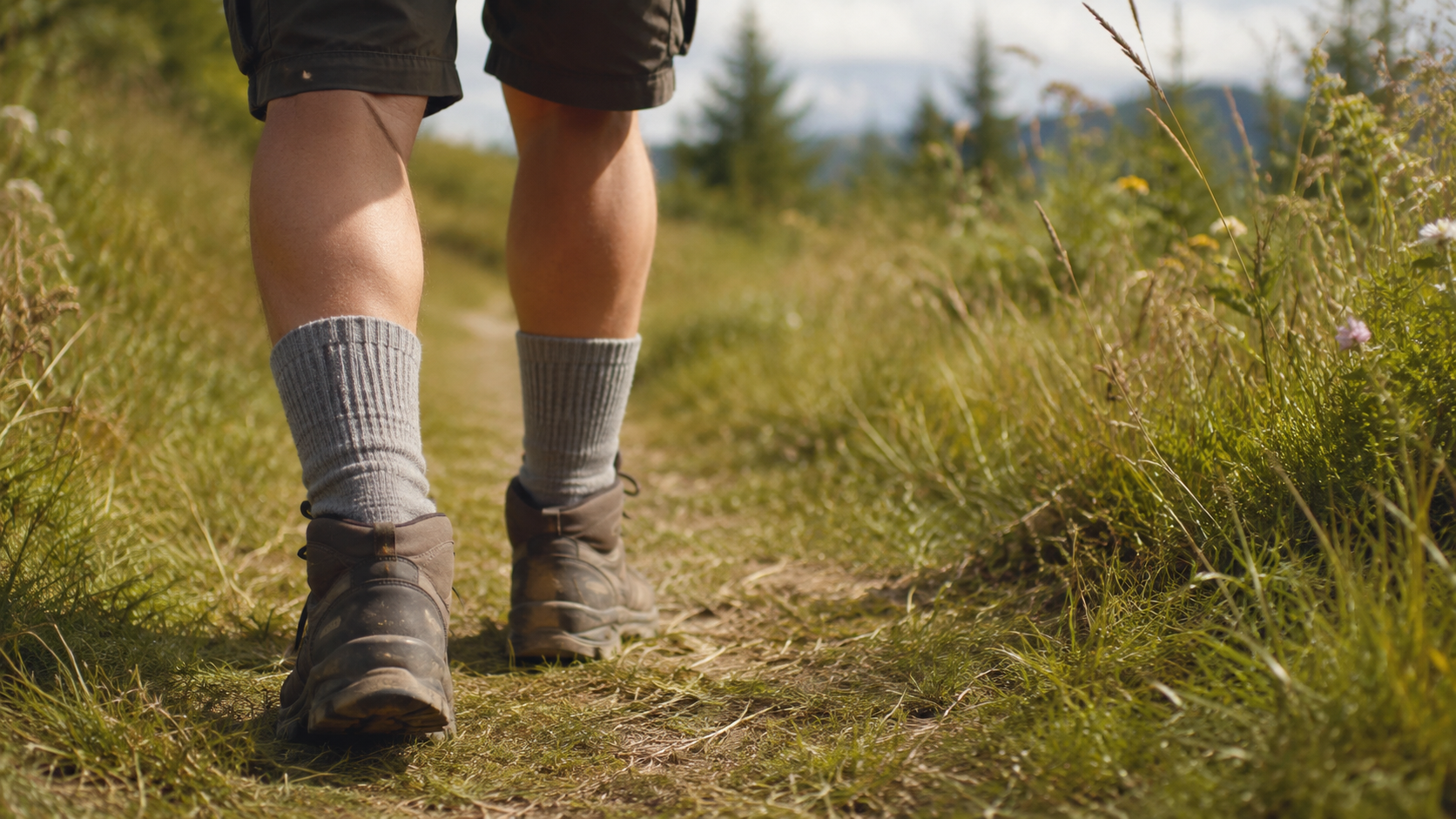 Les jambes d'un marcheur vu de dos, chaussettes hautes remontées, sur un sentier herbeux en été