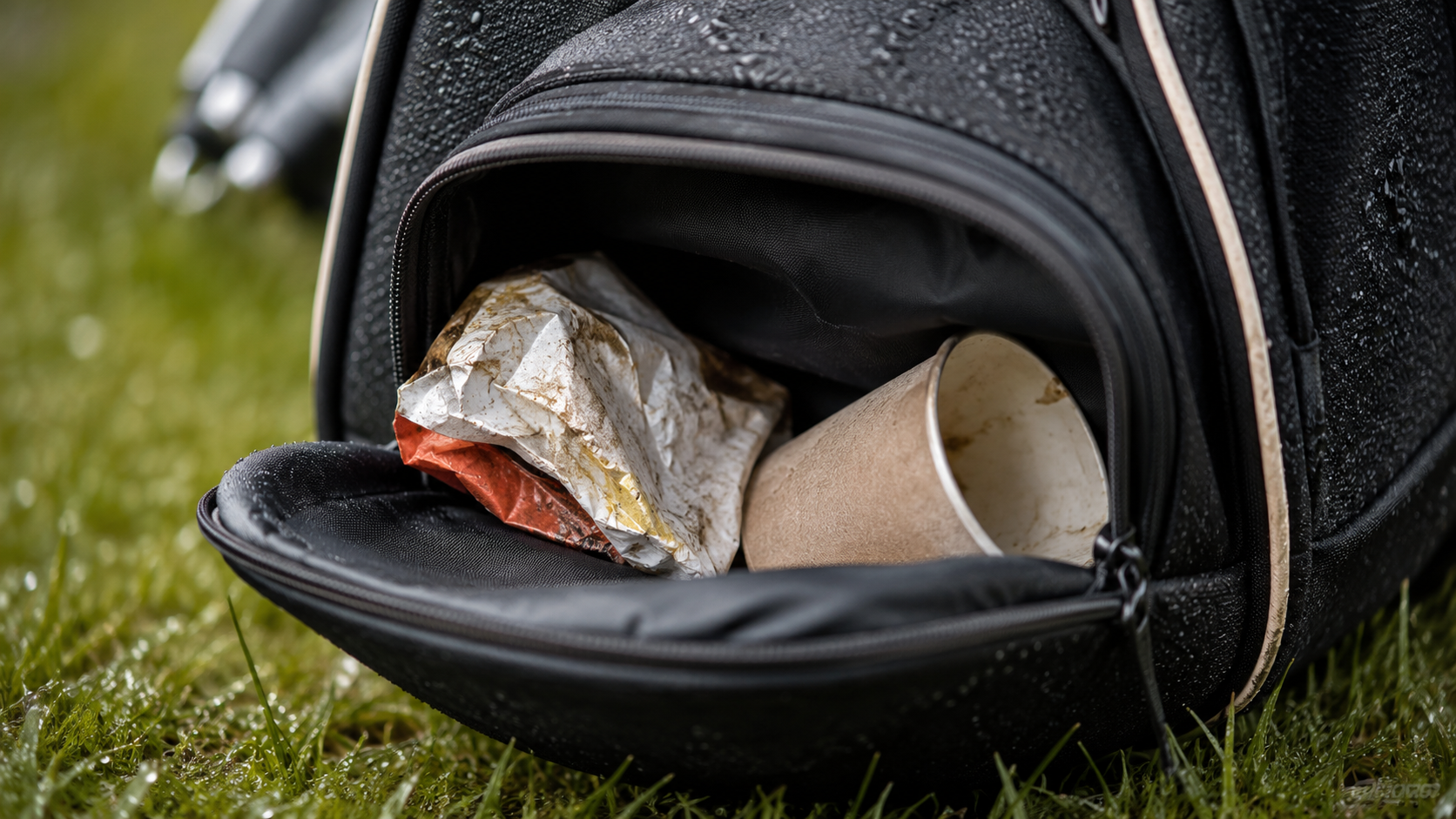 Gros plan sur la poche latérale ouverte d'un sac de golf, un emballage froissé et un gobelet à l'intérieur