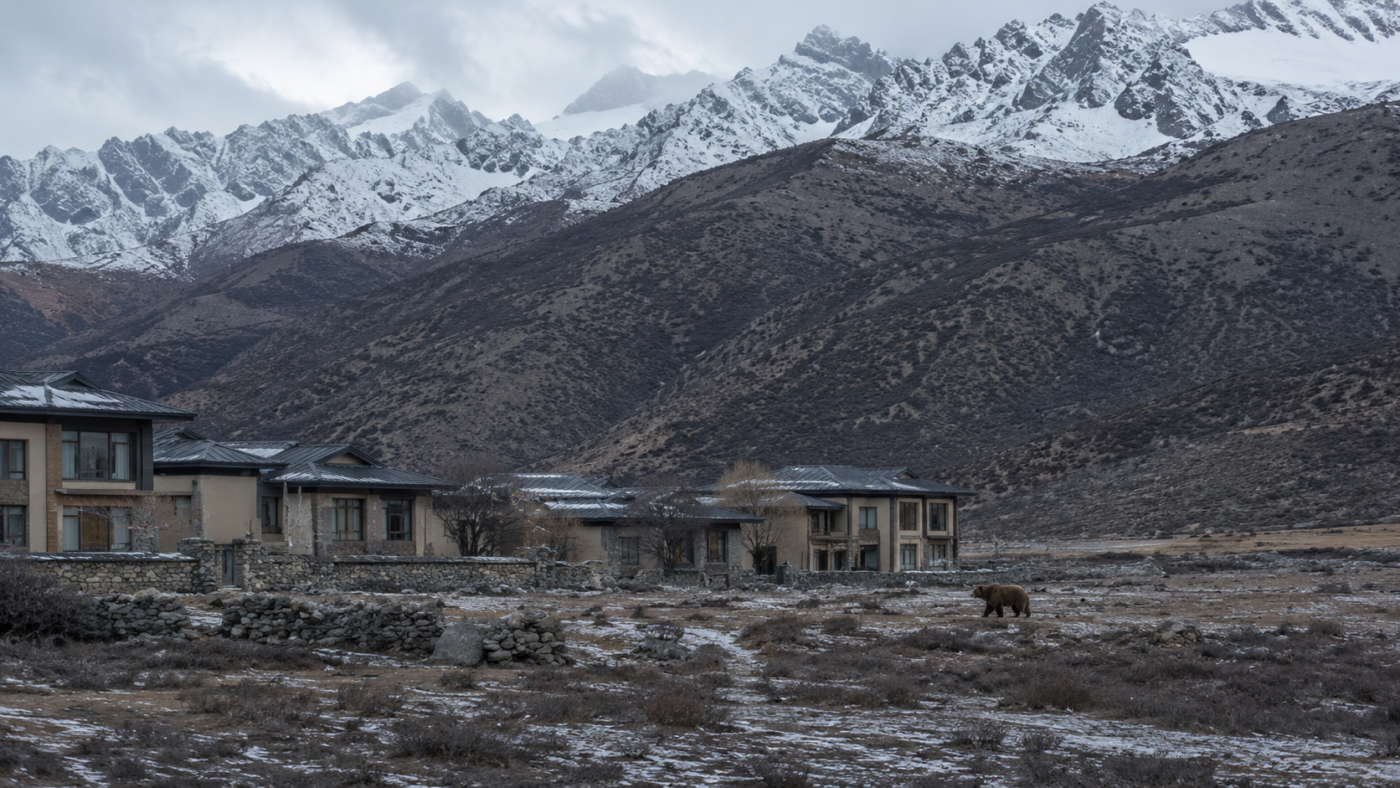 Un ours brun au loin dans un décor de station de montagne d'altitude