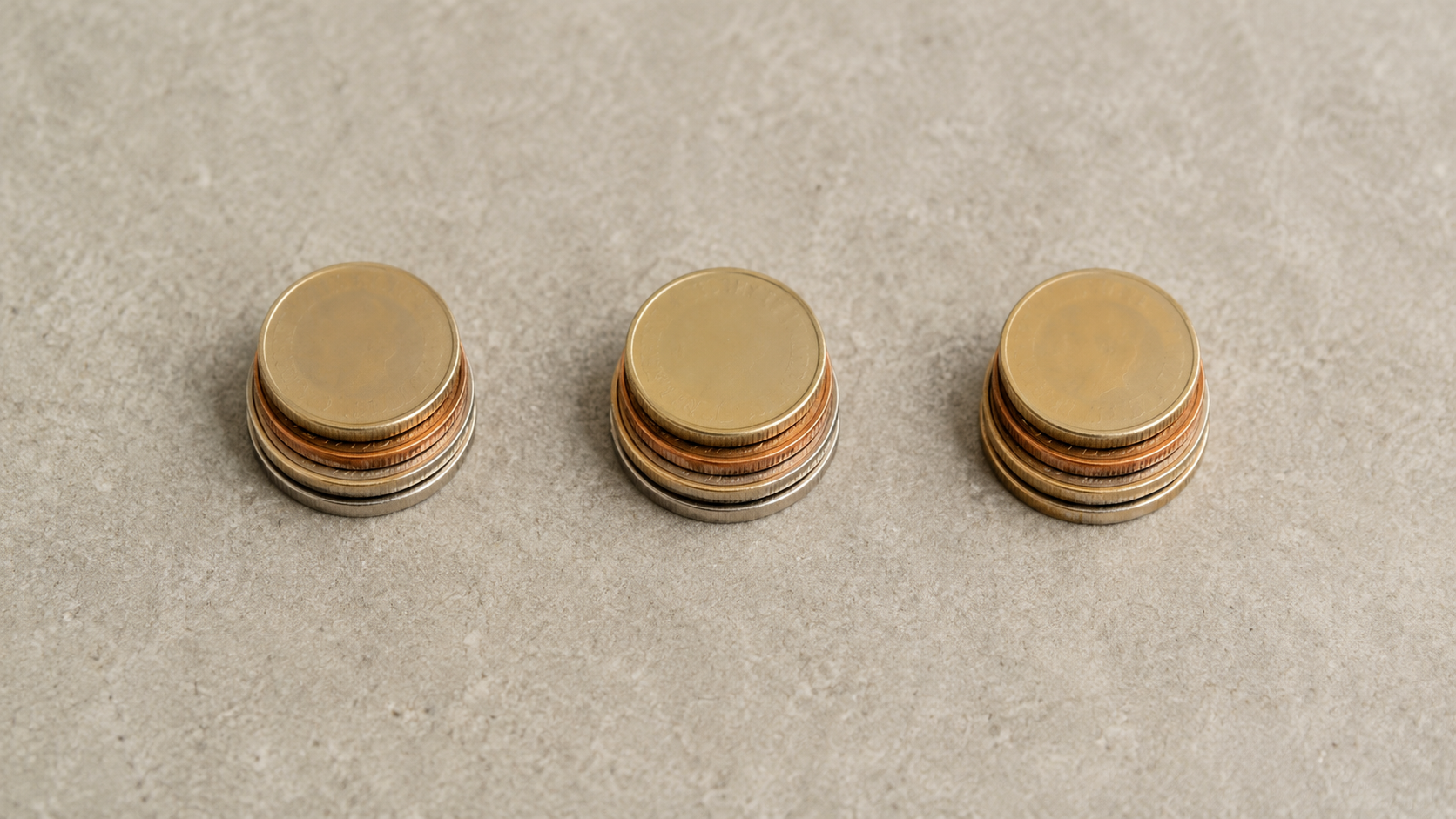 Pièces d'euro réparties en trois petits tas égaux sur une surface neutre